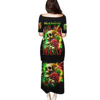 Black long dress with skull and rose graphic print, short sleeves, back view
