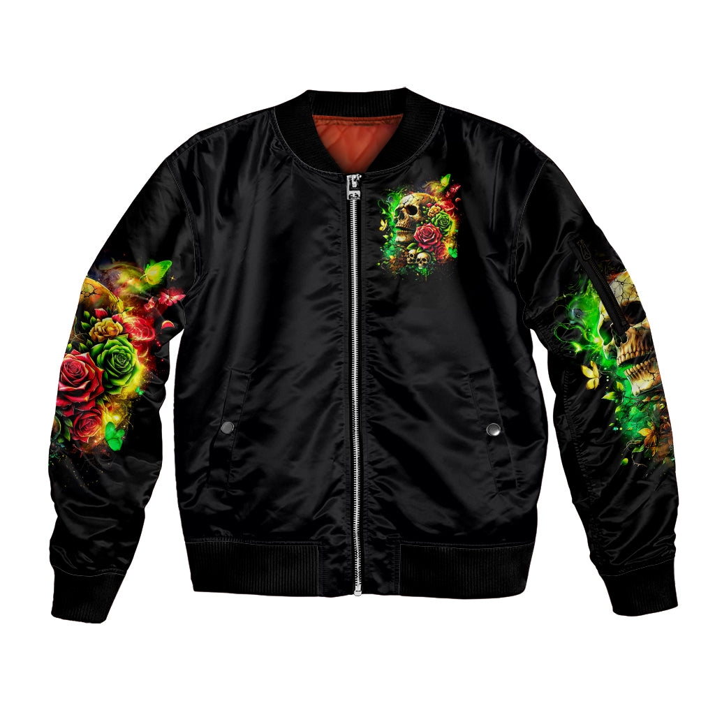Black zip-up bomber jacket with front skull-and-rose art, ribbed hem and cuffs