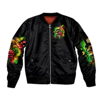 Black zip-up bomber jacket with front skull-and-rose art, ribbed hem and cuffs