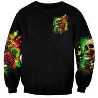 Black sweatshirt with small skull-rose chest graphic and full-sleeve art