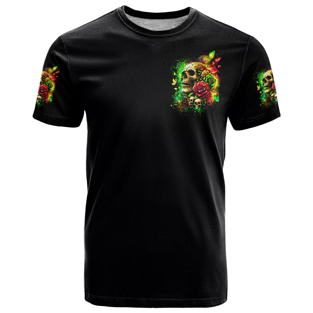 Black T-shirt with small front skull and rose graphic