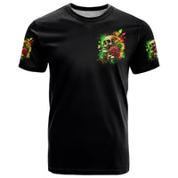Black T-shirt with small front skull and rose graphic