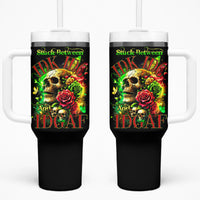 Two black handled tumblers with white lids and straws; skull and rose front graphics