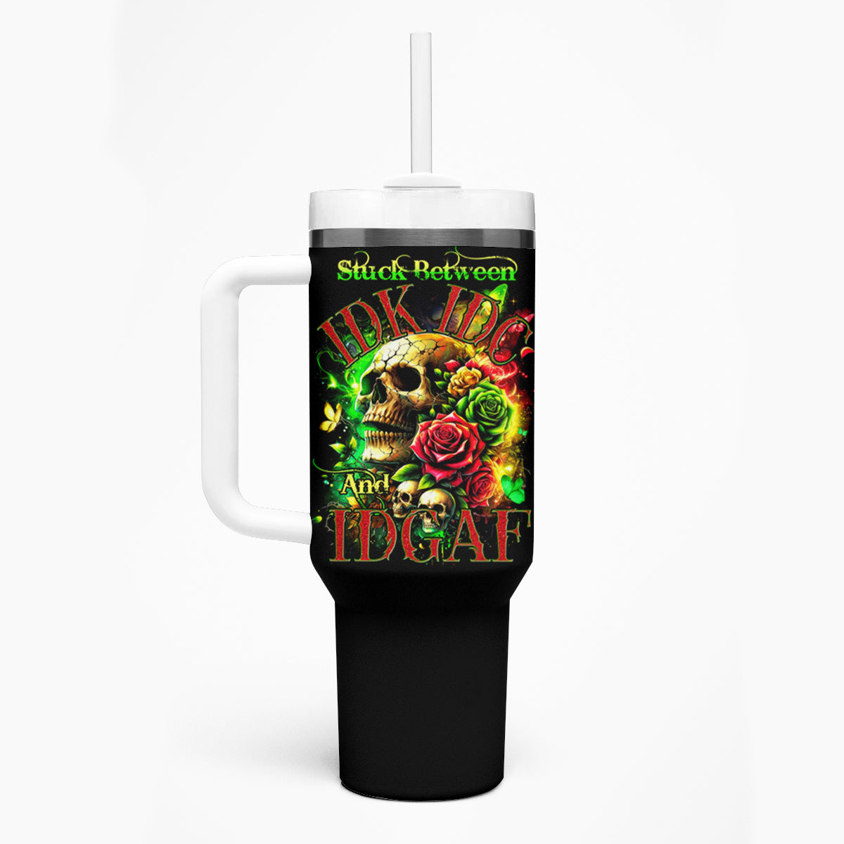 Black tumbler with white handle and straw; skull and rose graphic on front