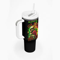 Black tumbler with white handle and straw; side view with skull and rose artwork