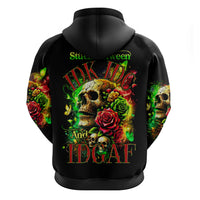 Black zip hoodie back view with large skull-and-rose artwork across the center