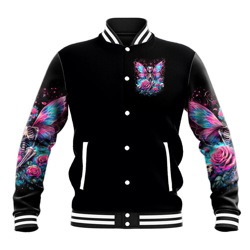 Black baseball jacket with button placket, striped rib cuffs, and small fairy skull chest graphic