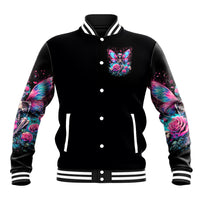 Black baseball jacket with button placket, striped rib cuffs, and small fairy skull chest graphic
