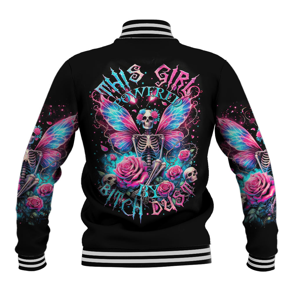 Black baseball jacket with striped rib collar and colorful fairy skull back graphic