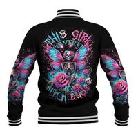 Black baseball jacket with striped rib collar and colorful fairy skull back graphic