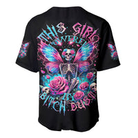 Black baseball jersey with skull, butterfly, roses and 'Girl Powered' full-back print