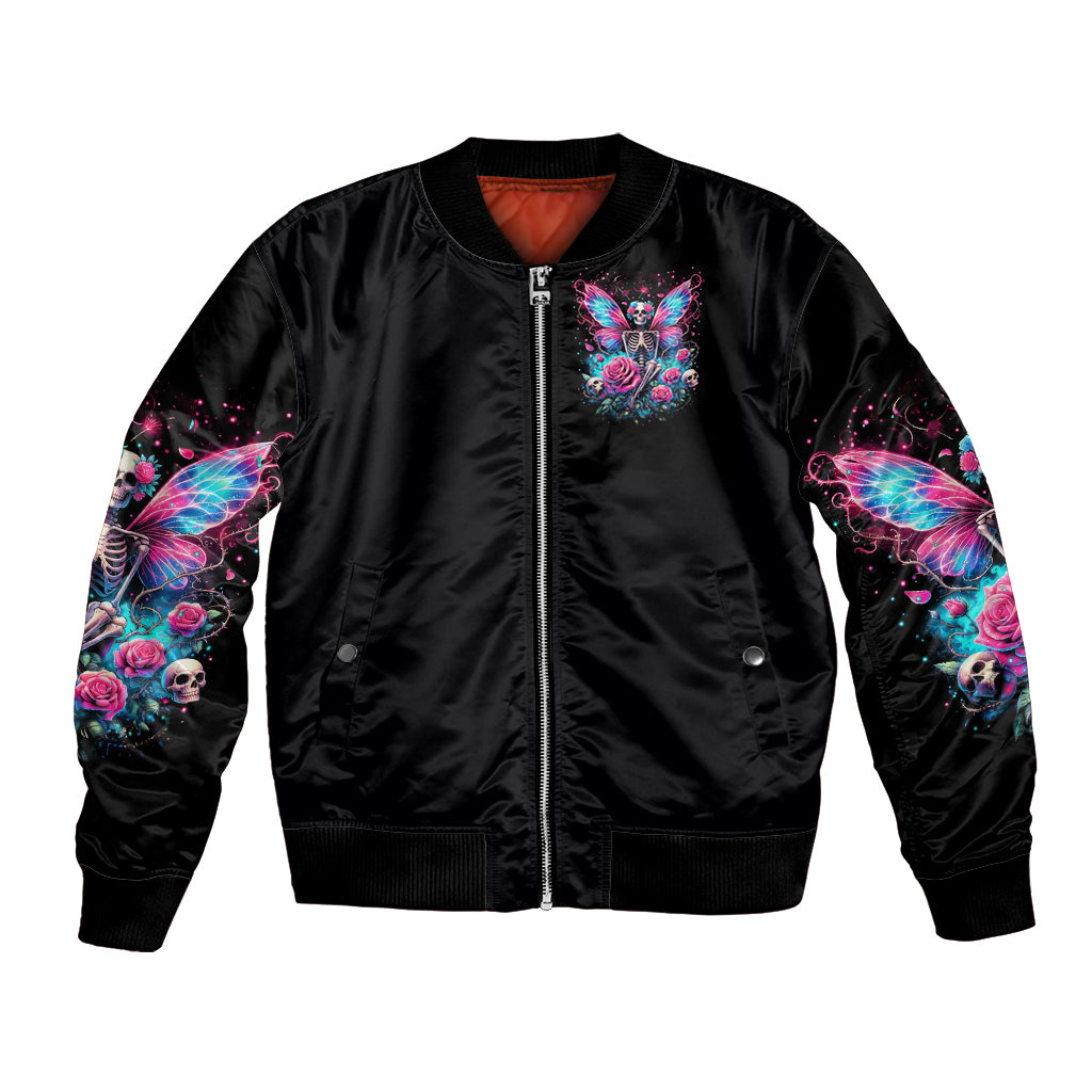 Black bomber jacket with front zip and colorful fairy skull butterfly graphic