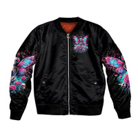 Black bomber jacket with front zip and colorful fairy skull butterfly graphic