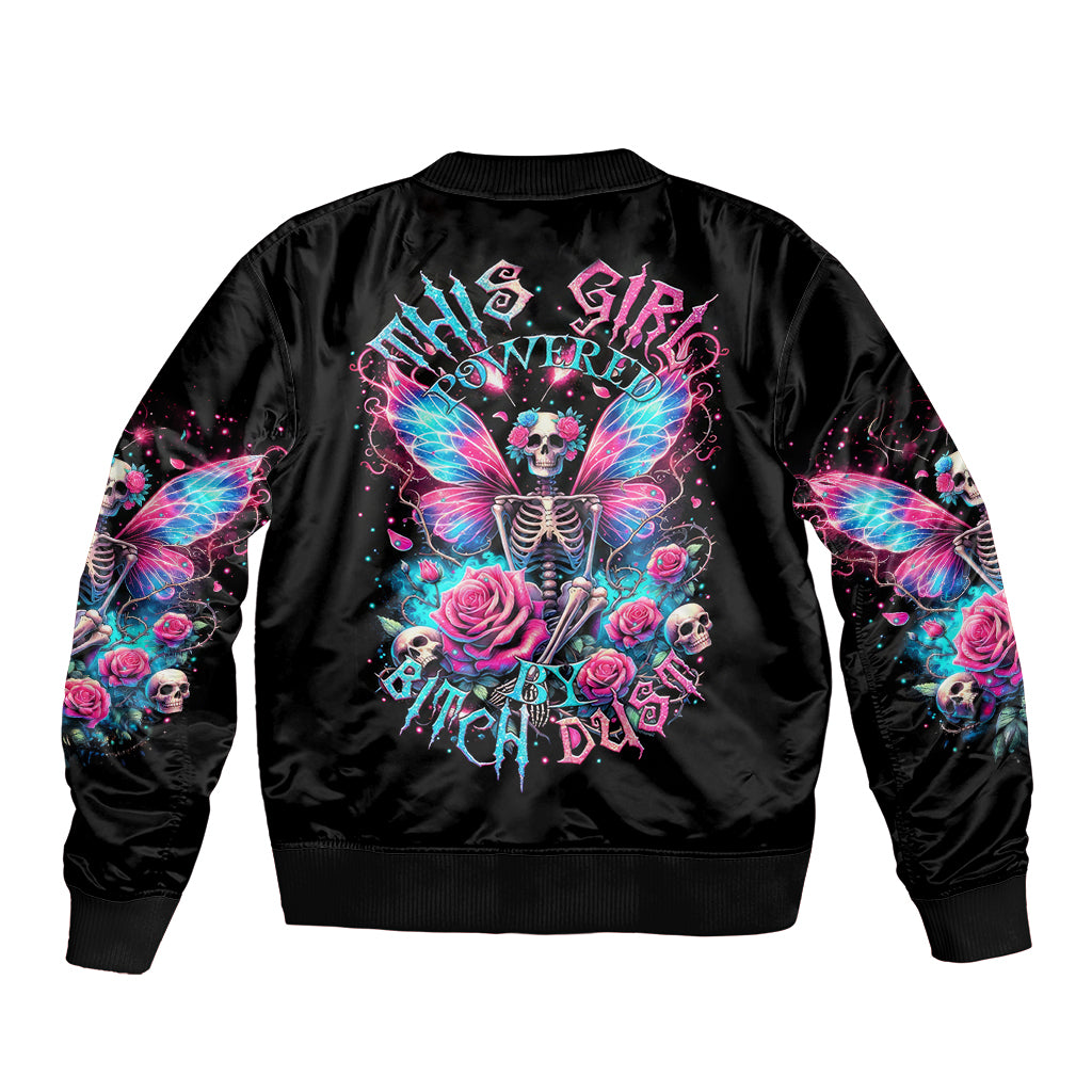 Black bomber jacket with colorful fairy skull and floral butterfly artwork on back