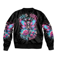 Black bomber jacket with colorful fairy skull and floral butterfly artwork on back