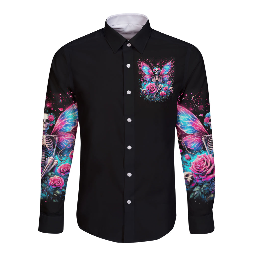 Black long-sleeve button shirt with front fairy skull logo and floral wing sleeve prints