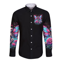 Black long-sleeve button shirt with front fairy skull logo and floral wing sleeve prints
