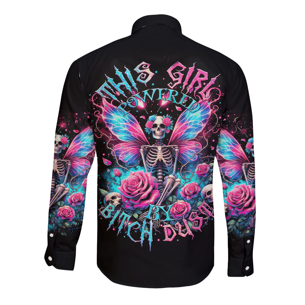 Black long-sleeve button shirt with fairy skull back print and colorful wings artwork