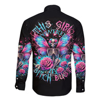 Black long-sleeve button shirt with fairy skull back print and colorful wings artwork