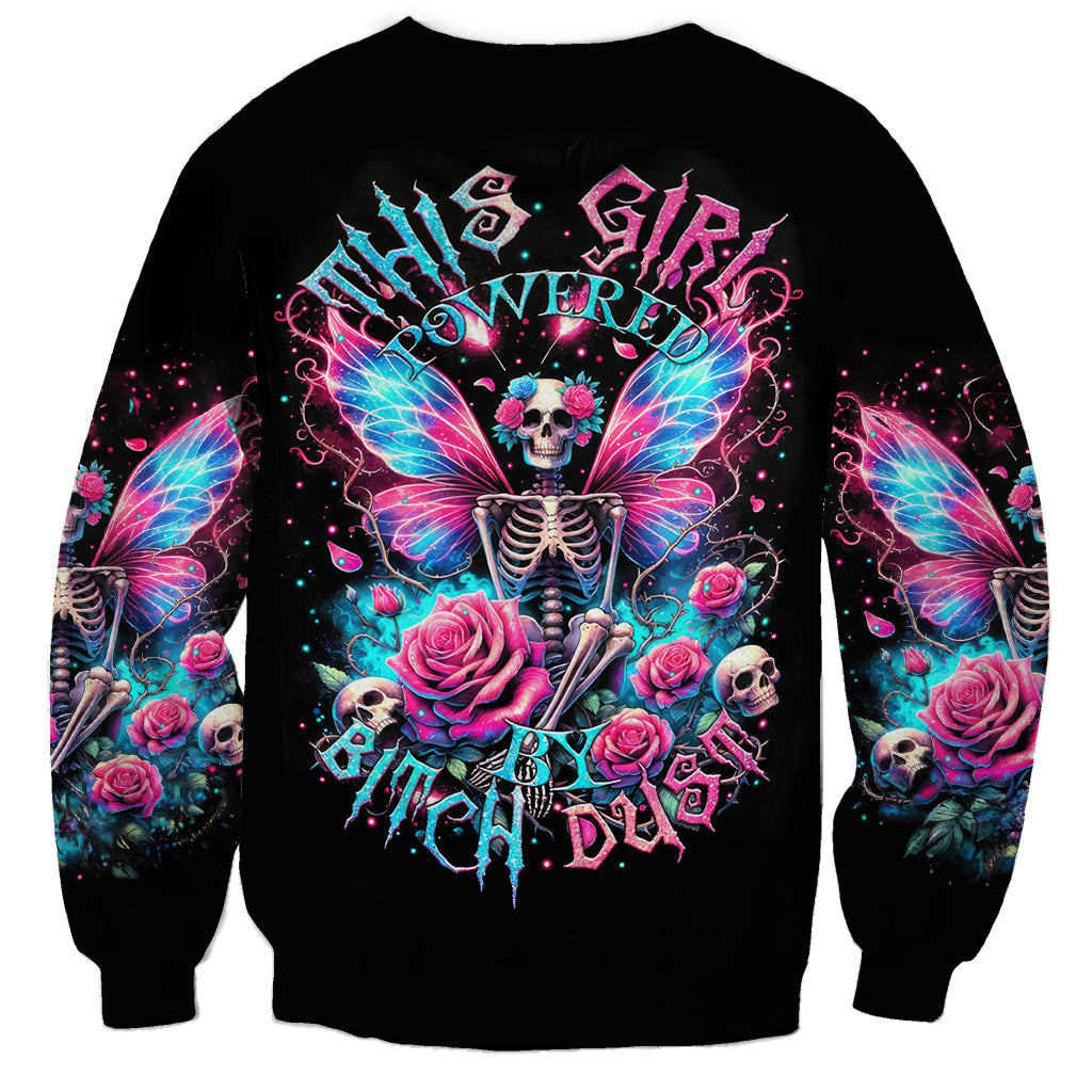 Black crewneck sweatshirt with colorful fairy skull butterfly graphic, long sleeves
