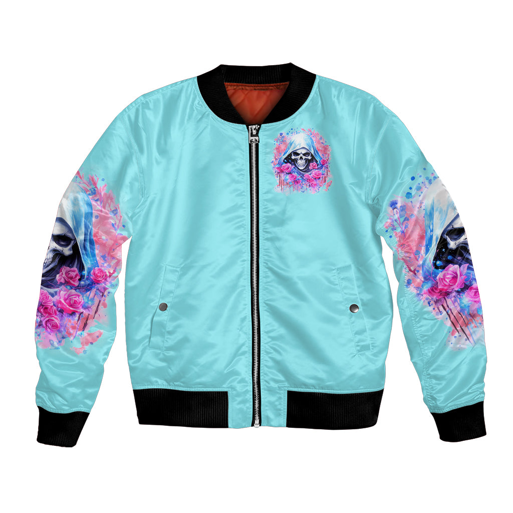 Light blue bomber jacket with front zipper, black ribbed hem, skull-and-roses chest graphic