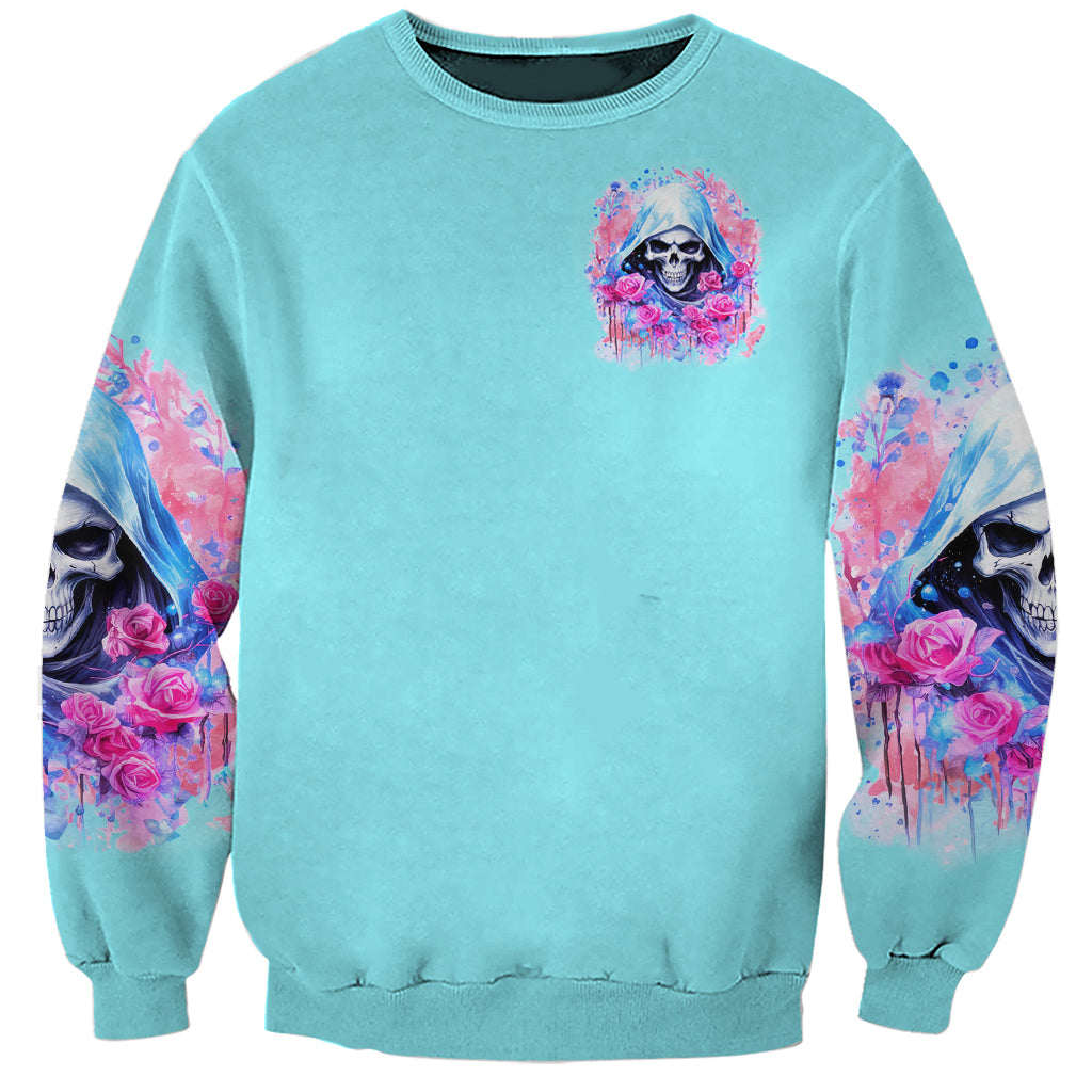Unisex turquoise sweatshirt with small hooded skull and rose emblem on chest