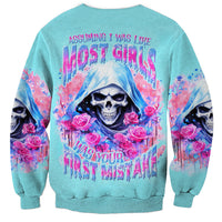 Unisex turquoise sweatshirt with hooded skull, rose graphic, and distressed text print