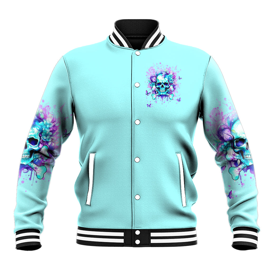 Unisex teal baseball jacket, button-front with skull-flower patch, striped rib trim