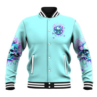 Unisex teal baseball jacket, button-front with skull-flower patch, striped rib trim