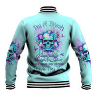 Unisex teal baseball jacket, back graphic with skull and flowers, striped rib trim