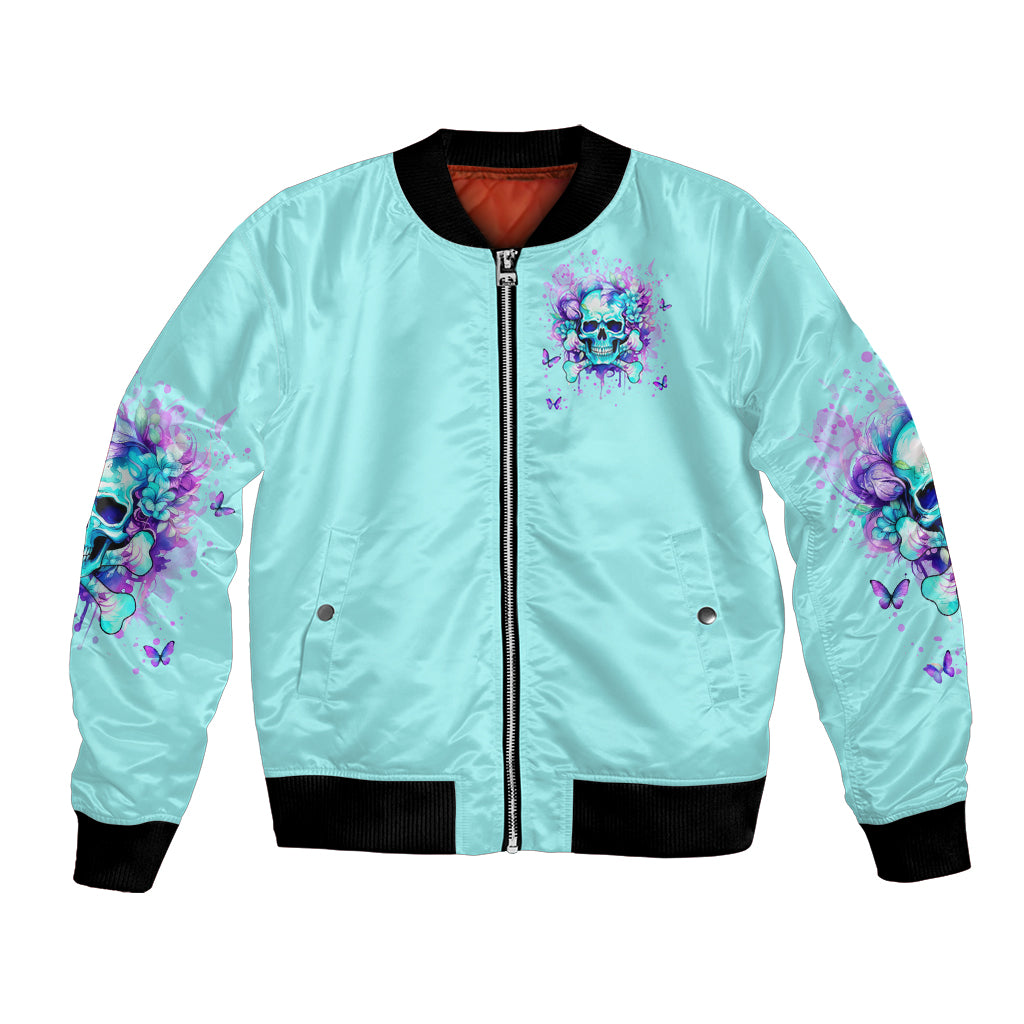 Light blue unisex bomber jacket with front zipper, black rib hem, and colorful skull floral sleeve print