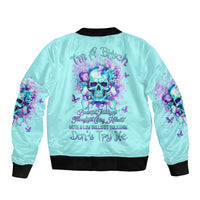Light blue unisex bomber jacket with black rib trim and colorful skull floral back graphic