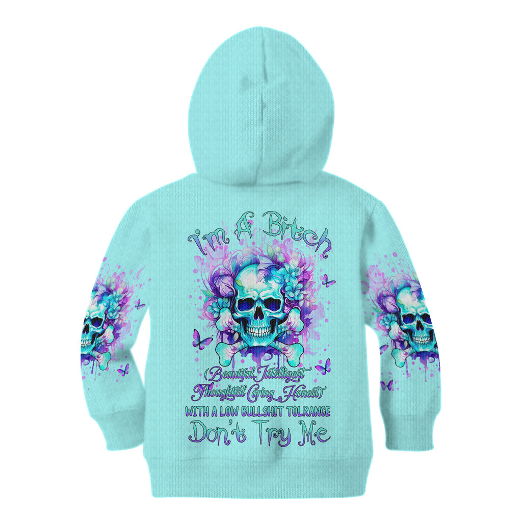 Flower Skull Kid Hoodie I'm A Bitch With A Low Bullshiit Tolrange Don't Try Me - Wonder Print Shop