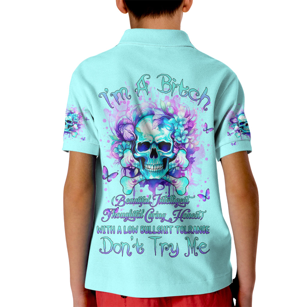 Flower Skull Kid Polo Shirt I'm A Bitch With A Low Bullshiit Tolrange Don't Try Me - Wonder Print Shop