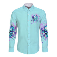 Unisex light blue long-sleeve button shirt with skull-flower chest print and sleeve art