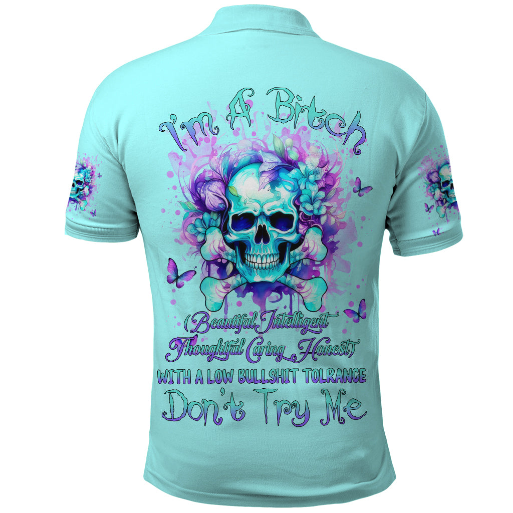 Flower Skull Polo Shirt I'm A Bitch With A Low Bullshiit Tolrange Don't Try Me - Wonder Print Shop