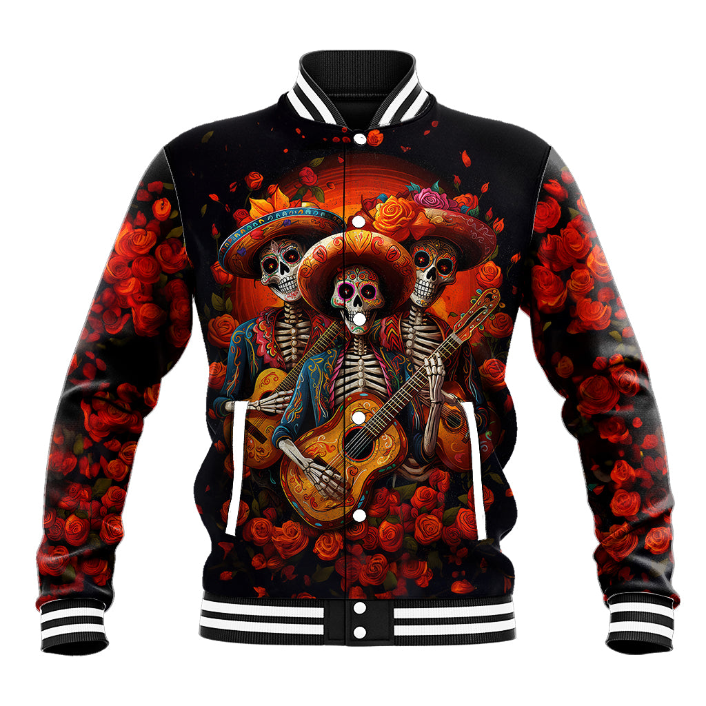 Black unisex baseball jacket with ribbed striped collar, skull-and-rose guitar graphic