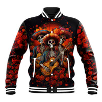 Black unisex baseball jacket with ribbed striped collar, skull-and-rose guitar graphic
