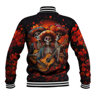 Black unisex baseball jacket, striped cuffs, back skull-and-rose graphic with guitar