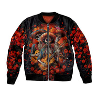 Black unisex bomber jacket with front zipper; colorful sugar skull skeleton musicians and guitar