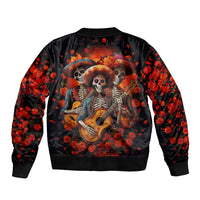 Black unisex bomber jacket with ribbed hem; colorful back graphic of three skull musicians