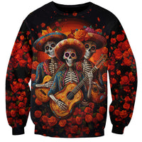Unisex black sweatshirt with colorful sugar skull mariachi graphic, guitar and roses