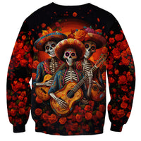 Unisex black sweatshirt featuring three skeletons in sombrero with sugar skull face and roses