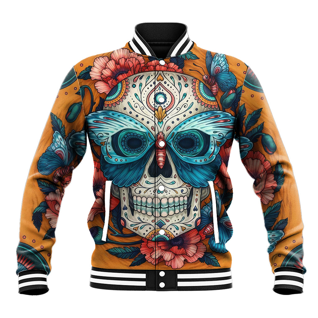 Unisex orange skull & butterfly baseball jacket with ribbed striped collar and cuffs