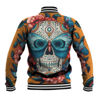 Unisex orange skull baseball jacket, blue floral butterfly back graphic, striped rib hem