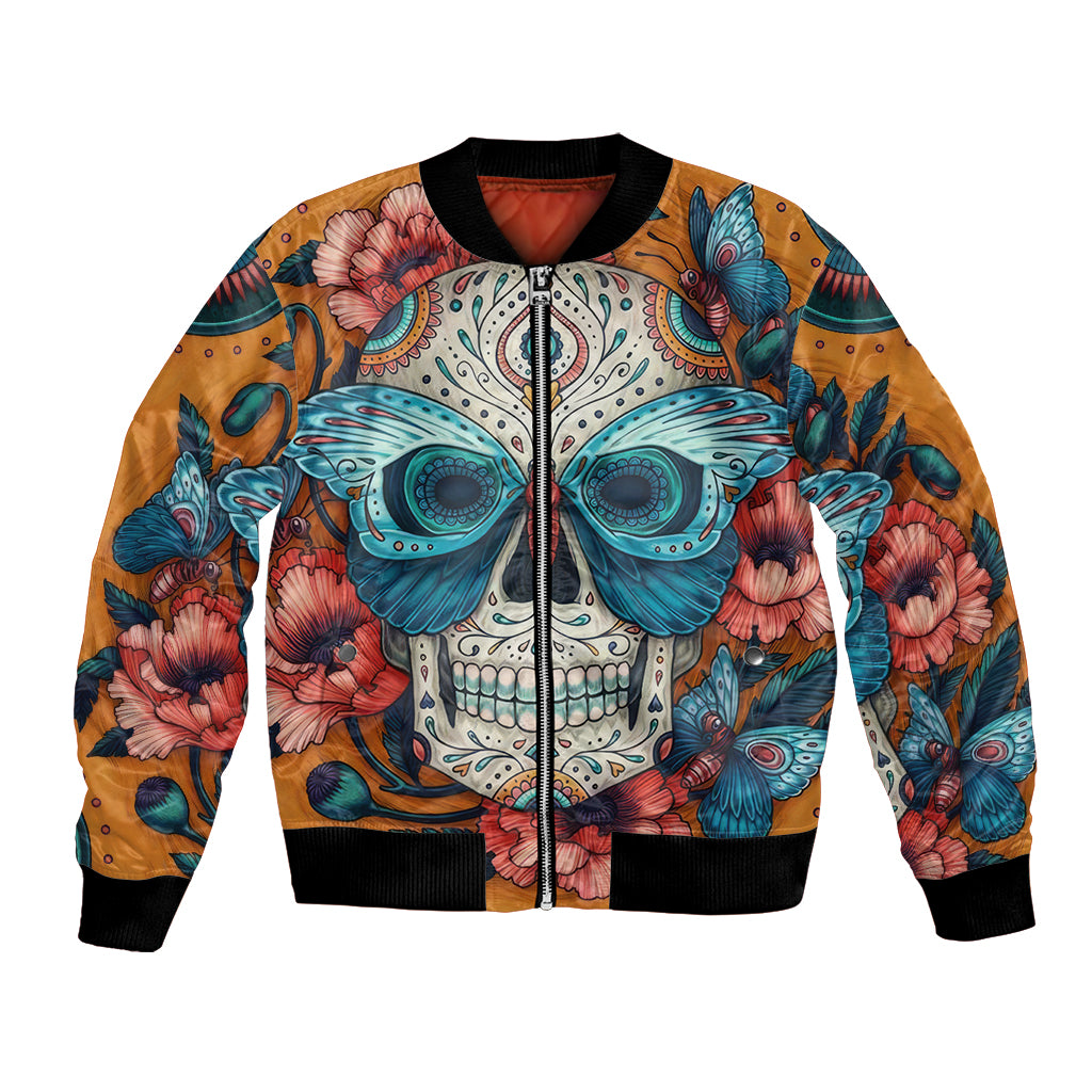 Orange bomber jacket with black ribbed collar, front zipper, and colorful skull floral art
