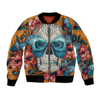 Orange bomber jacket with black ribbed collar, front zipper, and colorful skull floral art