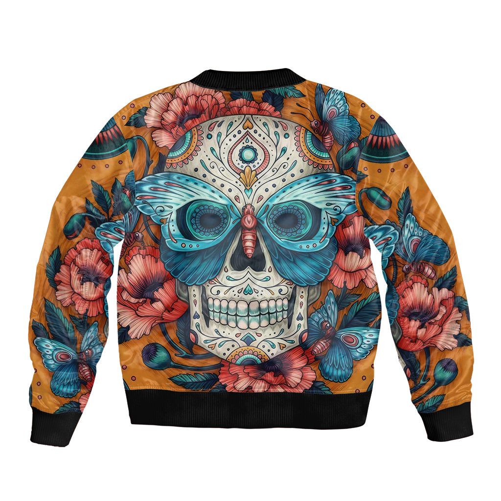 Orange bomber jacket with centered sugar skull face, butterflies, and ribbed hem cuffs
