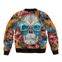 Orange bomber jacket with centered sugar skull face, butterflies, and ribbed hem cuffs