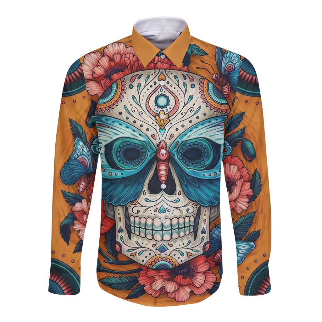 Day of Dead Skull Long Sleeve Button Shirt Sugar Skull Butterfly - Wonder Print Shop